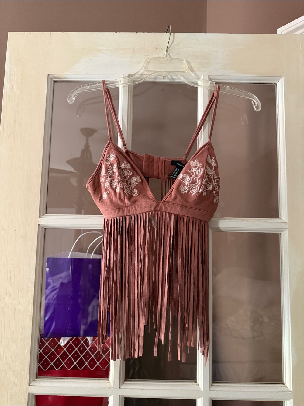 Forever 21 Fringe Faux Suede Festival Bralette with Floral Design Size Medium